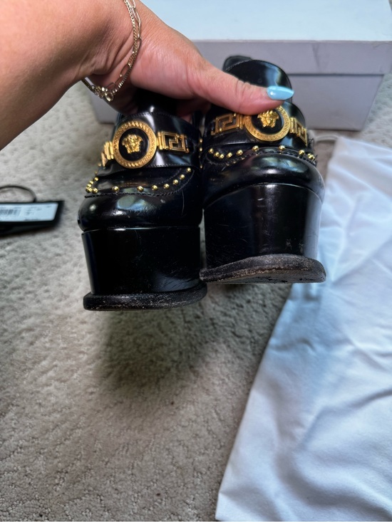 Versace Black Platform Gold Studded Loafer Platform Heels with Medallion